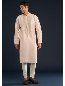 KALKI FASHION - Men Pink Silk Self Design Mandarin Neck Kurta with Pant