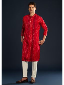 KALKI FASHION - Men Red Silk Self Design Mandarin Neck Kurta with Pant