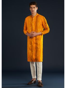 KALKI FASHION - Men Mustard Silk Self Design Mandarin Neck Kurta with Pant