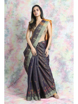 Arhi - Navy Blue Zari Weaving Tissue Saree With Yellow Pallu with Unstitched