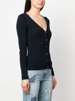 Parosh - Navy Blue Ribbed-Knit V-Neck Cardigan (XS)