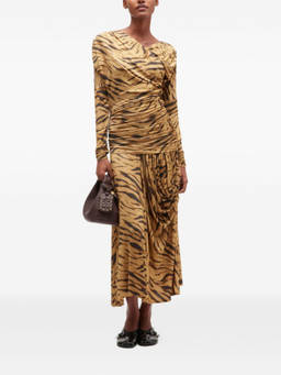 Ganni - Khaki Tiger Print Ruched Dress