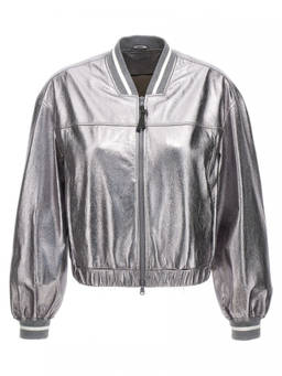 Brunello Cucinelli - Silver Laminated Leather Bomber Jacket (M)
