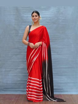 Chidiyaa - Soft Drift Red Handblock Print Modal Silk Saree with Unstitched Blouse