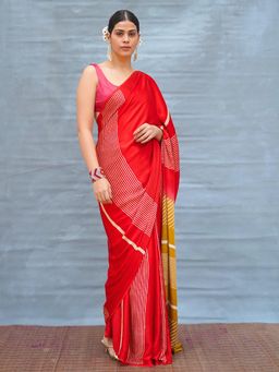 Chidiyaa - Gentle Fall Red Handblock Print Modal Silk Saree with Unstitched Blouse