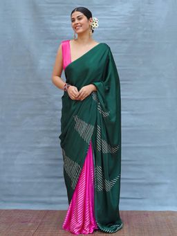 Chidiyaa - Easy Flow Green Handblock Print Modal Silk Saree with Unstitched Blouse