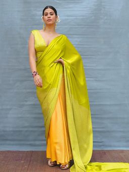 Chidiyaa - Quiet Wave Yellow Handblock Print Modal Silk Saree with Unstitched Blouse