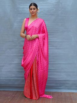 Chidiyaa - Light Sway Pink With Red Handblock Print Modal Silk Saree with Unstitched Blouse