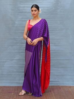 Chidiyaa - Still Current Purple Handblock Print Modal Silk Saree with Unstitched Blouse