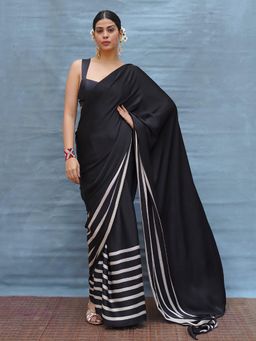 Chidiyaa - Airy Fold Black Handblock Print Modal Silk Saree with Unstitched Blouse