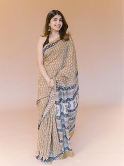 The Indian Ethnic Co. - Mustard Butti Bagru Hand Block Print Modal Saree with Unstitched Blouse.