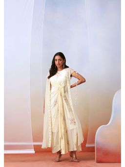 ISHA GUPTA TAYAL - Off White Printed Drape Dress with Embellished Cape