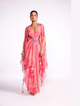 ISHA GUPTA TAYAL - Pink Watermelon Drape Dress with Cape Set