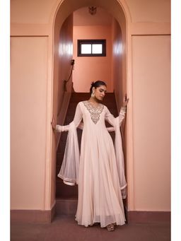 ISHA GUPTA TAYAL - White Masakali Embroidered Anarkali and Dupatta