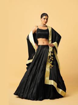 Quench A Thirst - Black Modal Satin Lehenga with Golden Lace Dupatta