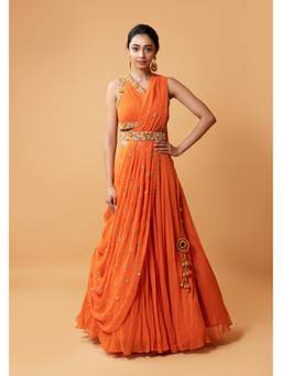 Quench A Thirst - Bright Orange Draped Lehenga Set with Embroidered Belt