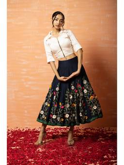 Quench A Thirst - White Shirt and Blue 3D Half Lehenga Set