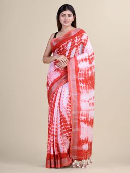 LAA CALCUTTA - Red & White Cotton Silk Hand Woven Srivari Saree With Unstitched Blouse
