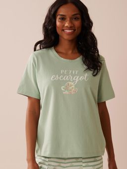 La Vie En Rose - Snail Print Crew Neck Cotton T-Shirt