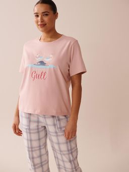La Vie En Rose - Seagull Print Crew Neck Cotton T-Shirt