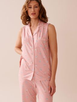 La Vie En Rose - Seagull Print Super Soft Sleeveless Button-Down Shirt Pink