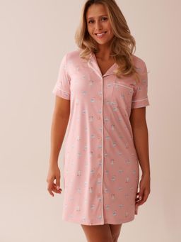 La Vie En Rose - Seagull Print Super Soft Button-Down Sleepshirt Pink