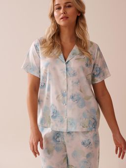 La Vie En Rose - Blue Rose Print Satin Button-Down Shirt