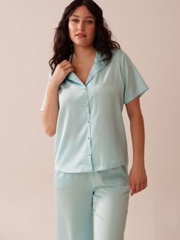 La Vie En Rose - Satin Short Sleeve Button-Down Shirt Blue