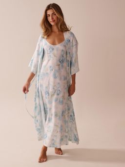 La Vie En Rose - Blue Rose Print Long Satin Kimono