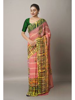 Unnati Silks - Pink Fancy Block Printed Georgette Saree with Unstitched Blouse