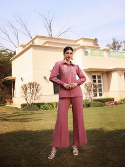 GAURI DESIGNER APPARELS - Rosewood Pink Linen Floral Embroidered Co-Ord (Set of 2)