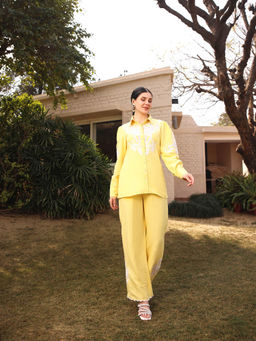 GAURI DESIGNER APPARELS - Lemon Yellow Floral Embroidered Co-Ord (Set of 2)