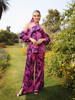 GAURI DESIGNER APPARELS - Tyrian Pink Printed Halter Neck Co-Ord (Set of 2)