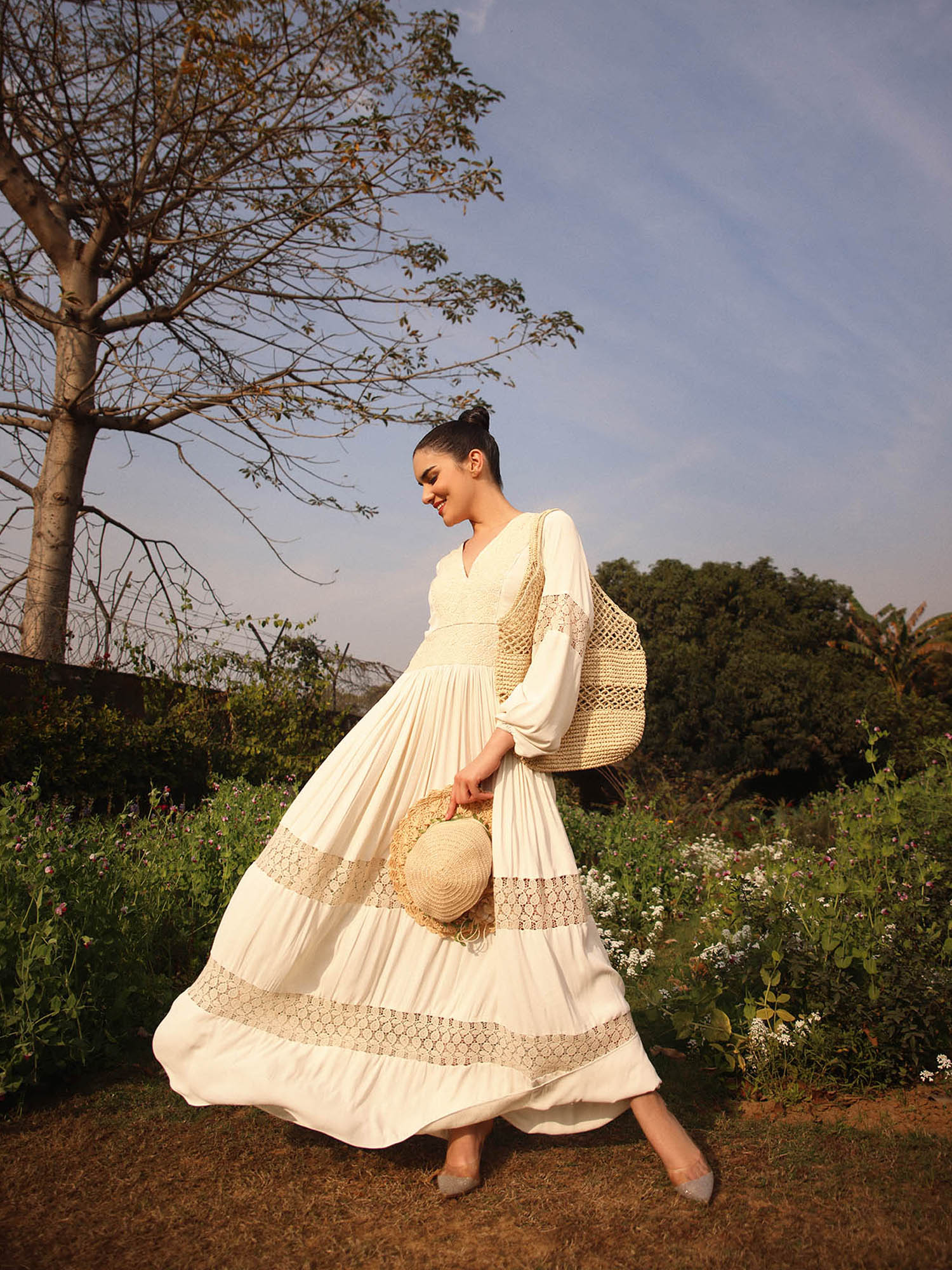 Buy Gauri Designer Apparels Off White Embroidered- Lace Work Dress