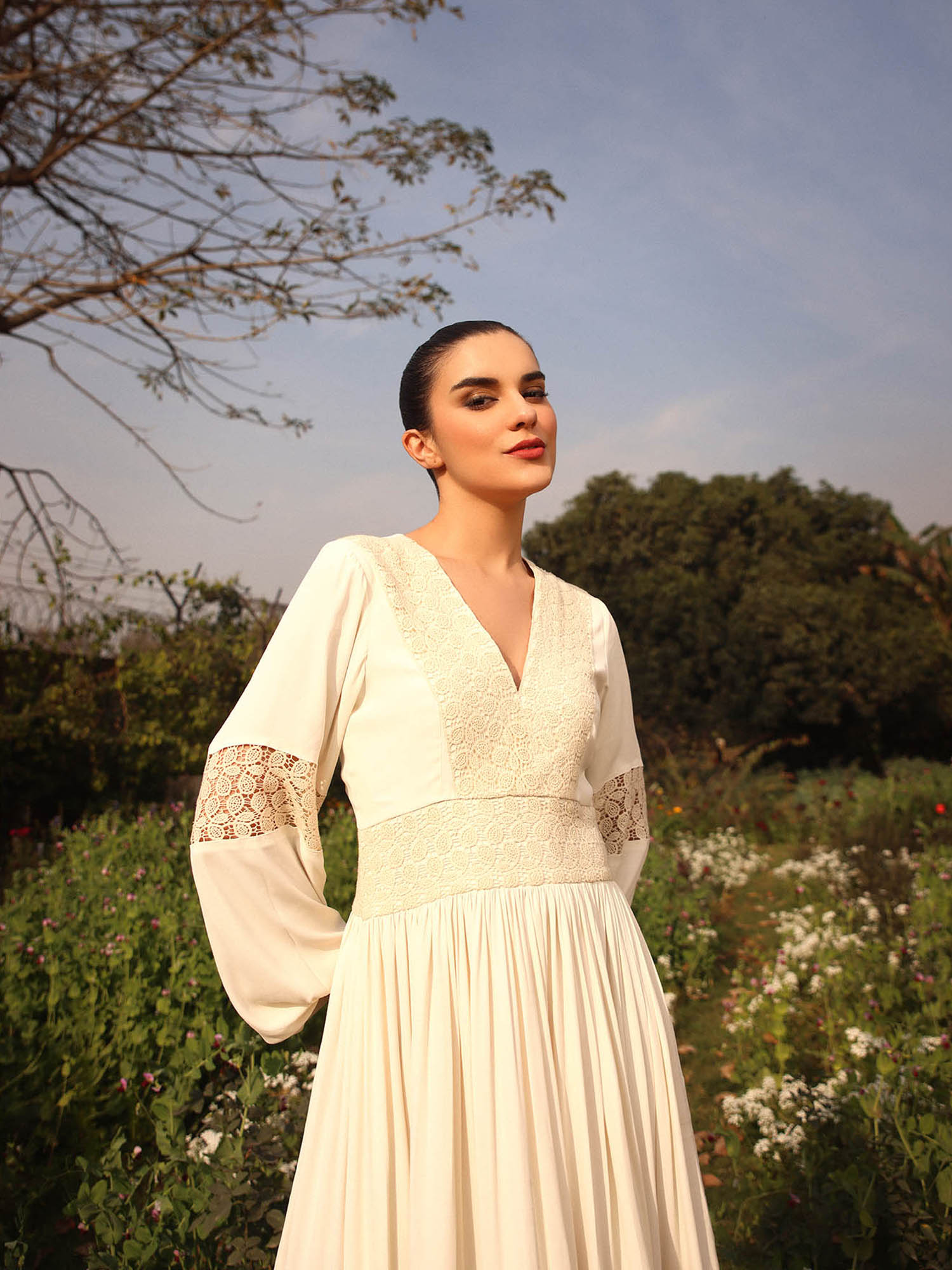 Buy Gauri Designer Apparels Off White Embroidered- Lace Work Dress