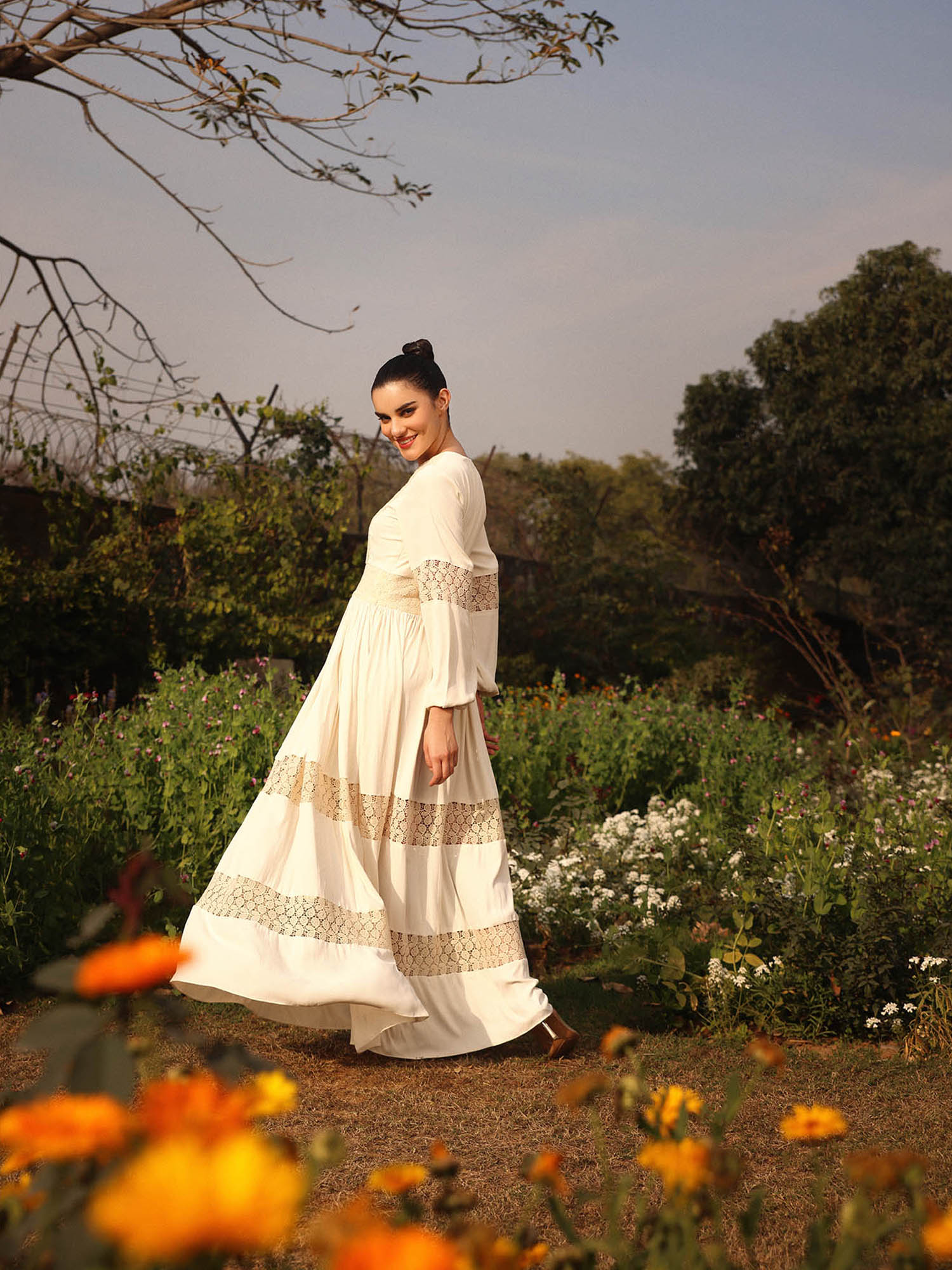 Buy Gauri Designer Apparels Off White Embroidered- Lace Work Dress