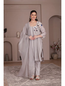 House of Tushaom - Ash Grey Chanderi Silk Kurta with Pant and Dupatta