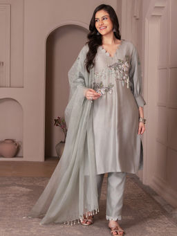 House of Tushaom - Baizegreen Chanderi Silk Kurta with Pant and Dupatta