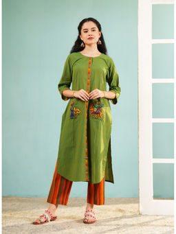 Ritivesh - Mehendi Green Cotton Hand-Embroidered Patches Kurta with Pant