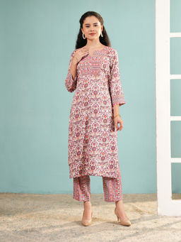 Ritivesh - Cream and Pink Floral Cotton Kurta Printed Yoke with Pant