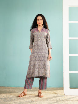 Ritivesh - Soft Grey Geometric Floral Cotton Kurta with Pant