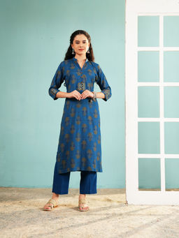 Ritivesh - Blue Cotton Printed Gota Work Kurta with Pant
