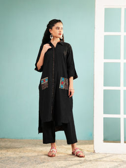 Ritivesh - Black Slub Cotton Embroidered Pockets Shirt Kurta with Pant
