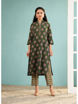Ritivesh - Green Ajrakh Digital Printed Cotton Kurta with Patola-Style Pant