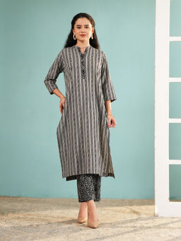 Ritivesh - Black and White Chevron Striped Kurta with Block Printed Pant
