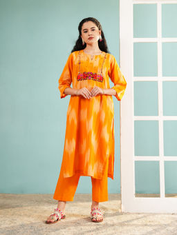 Ritivesh - Orange Silk Ikat Hand-Embroidered Elephant Patchwork Kurta with Pant
