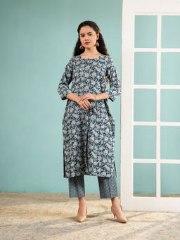 Ritivesh - Slate Blue Floral Cotton Kurta with Pant