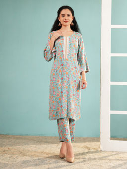 Ritivesh - Sky Blue Floral Cotton Kurta with Pant