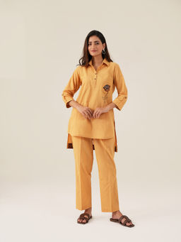 Ritivesh - Beige Mustard Slub Cotton Co-Ord Set
