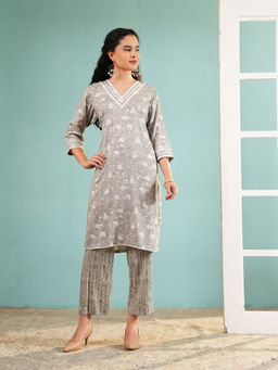 Ritivesh - Muted Grey Floral Cotton Kurta with Chevron Printed Pant